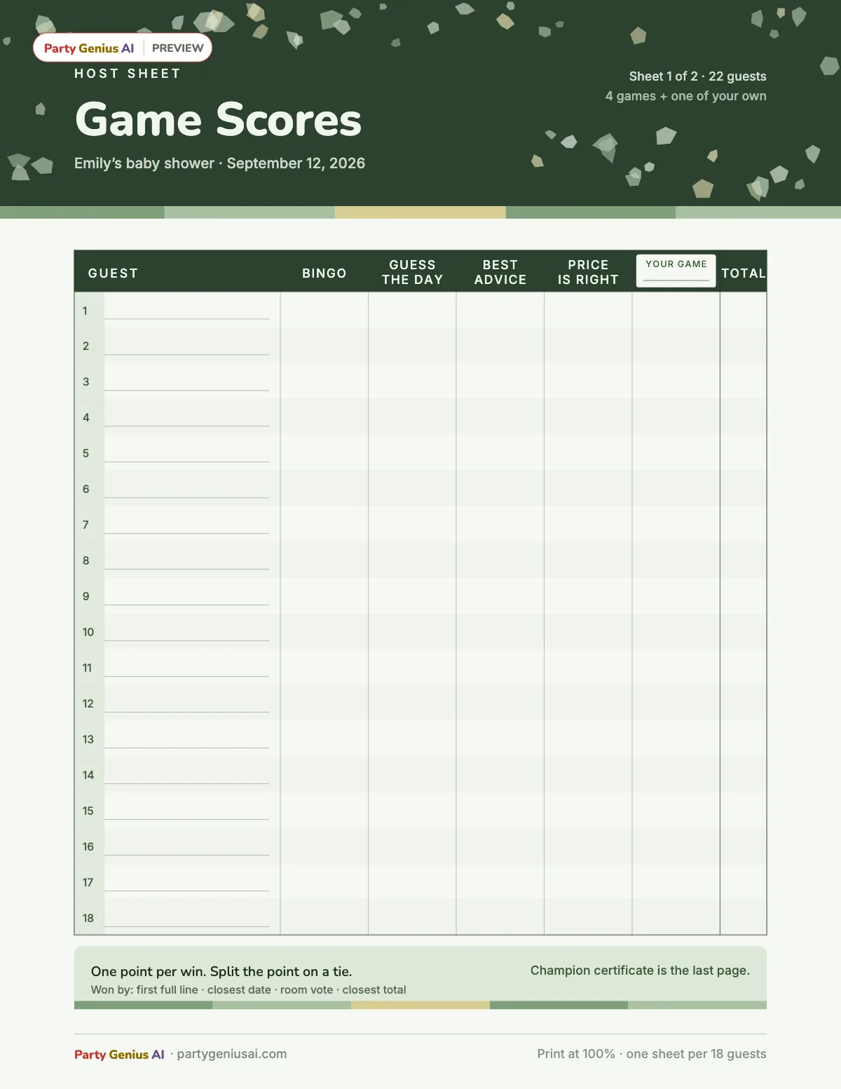 Host Score Sheet — Terrazzo — watermarked sample